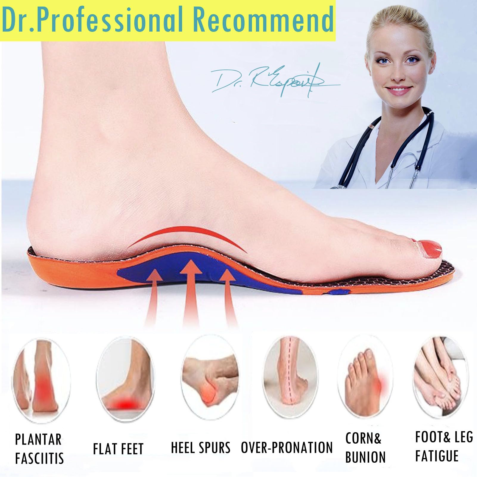 Goofort Plantar Fasciitis Arch Support Gel Insoles for Men & Women, 7-Times-Shock-Protection with 3D-Xpain™ -PORON®, Orthotic Work Boot Insoles for Flat Feet, Heel Pain Relief